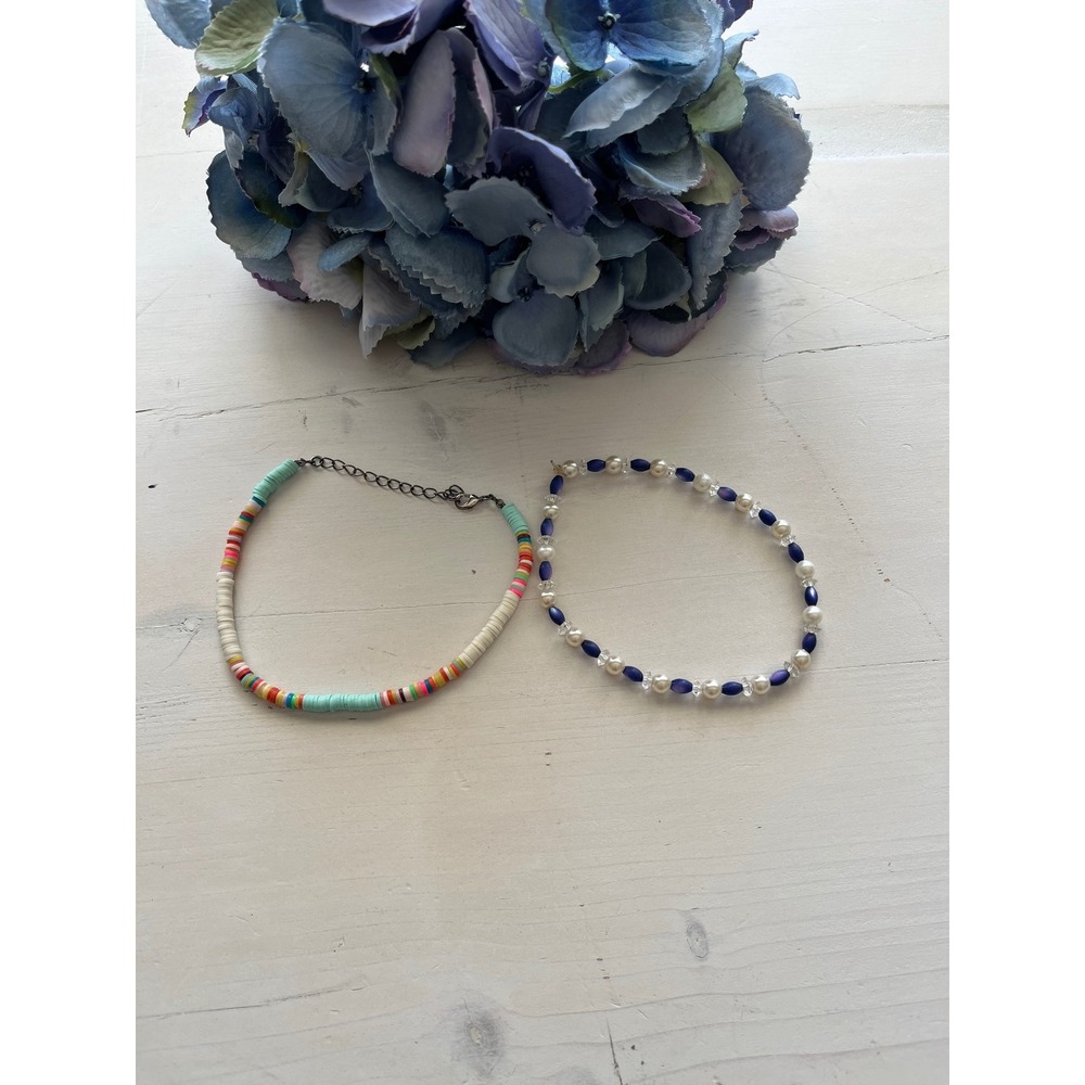 Set of 2 Beaded‎ anklets Colorful Disc Beads Pearl Navy Seed Beads